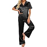 Ekouaer Silk Pajamas for Womens Set 2 Piece Satin Pjs Soft Button Down Sleepwear Wide Leg Long Pants with Pockets
