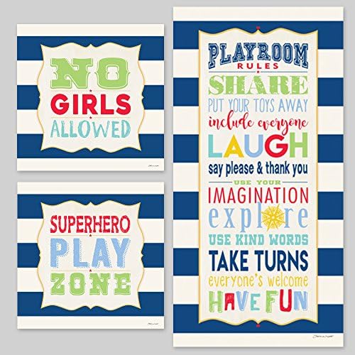 Set of Three Superhero Playroom Rules Signs Unframed Art Prints 12x12 Inches 12x24 Inches No Girls Allowed Laugh Have Fun Imagination