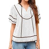 Falechay Women Blouses V Neck Puff Short Sleeve Womens Summer Tops Eyelet Embroidered Clothes Trendy Causal Babydoll Shirts