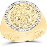 FB JEWELS Silver, Yellow Gold Plated 925 Sterling Silver 1/6 CTW Diamond Lion Face Mens Ring