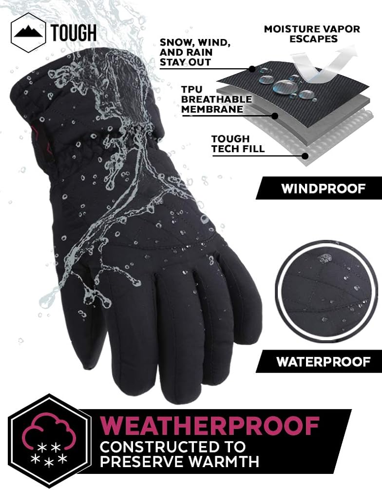 Womens Snow & Ski Gloves - Waterproof & Windproof Winter Snowboard Gloves for Cold Weather Skiing & Snowboarding - With Nylon Shell, Thermal Insulation, Synthetic Leather Palm & Wrist Straps : Clothing