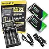 2 Pack Genuine EdisonBright RCR123A 650mAh rechargeable protected li-ion 16340 batteries EBR65 with Nitecore D2 battery charger with AC & in-car cables