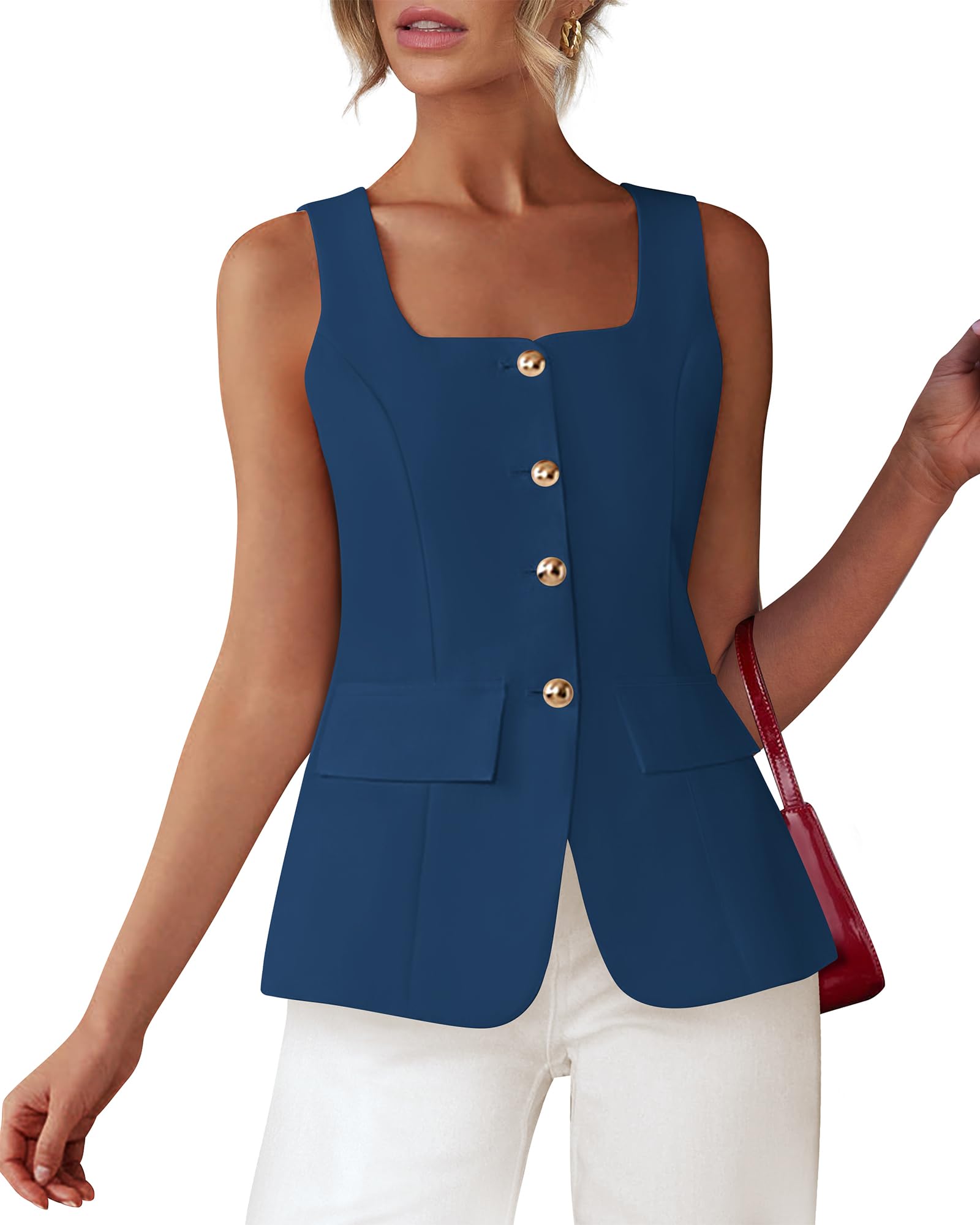 Photo 1 of **JEAN/PICTURE FOR REFERENCE**BTFBM Womens Sleeveless Suit Vests Dressy Casual Square Neck Business Work Waistcoat Summer Button Up Blazer Vest Tops(Dark Blue, Large)