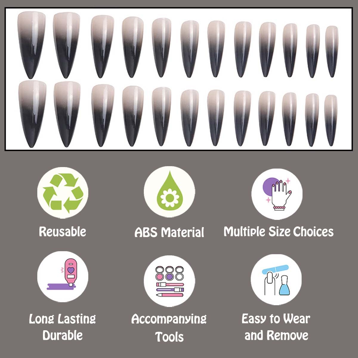 ANDGING Press on Nails Short Medium Stiletto, Fake Nails for Women with Nude Pink Black Ombre Tips Design, Full Cover Acrylic Nails Press on, Reusable Glue on Nails Stick on Nails for Christmas 24Pcs - Image 3