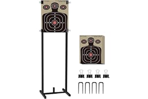 Koutemie Outdoor Shooting Target Stand with 10pcs 17x25 Inch Paper Targets, Heavy Duty Range Target Holder with Adjustable Base for Cardboard Silhouette, H Shape, Black