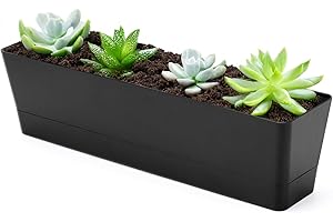 GREANER 16x3.8 Inch Herb Window Boxes 1PCS, Black Planter with Removable Trays and Drainage Holes, Succulent Flower Rectangular Plastic Pot for Balcony, Office, Windowsill, Garden, Indoor Outdoor Use