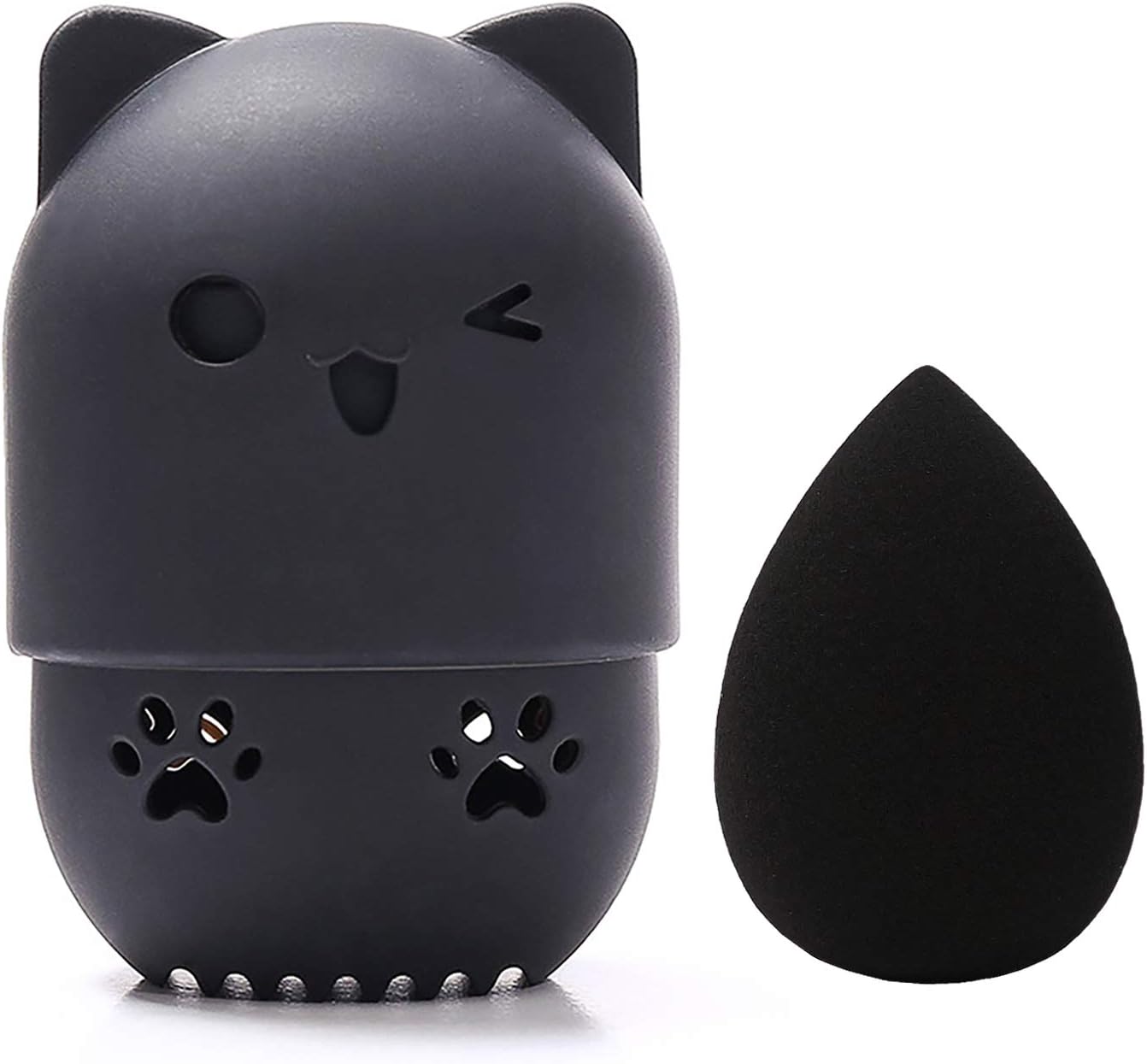 [Allure & Co.] Soft Makeup Sponge and Cute Cat Shaped Container Set - Travel Case for Beauty Blender (Black)
