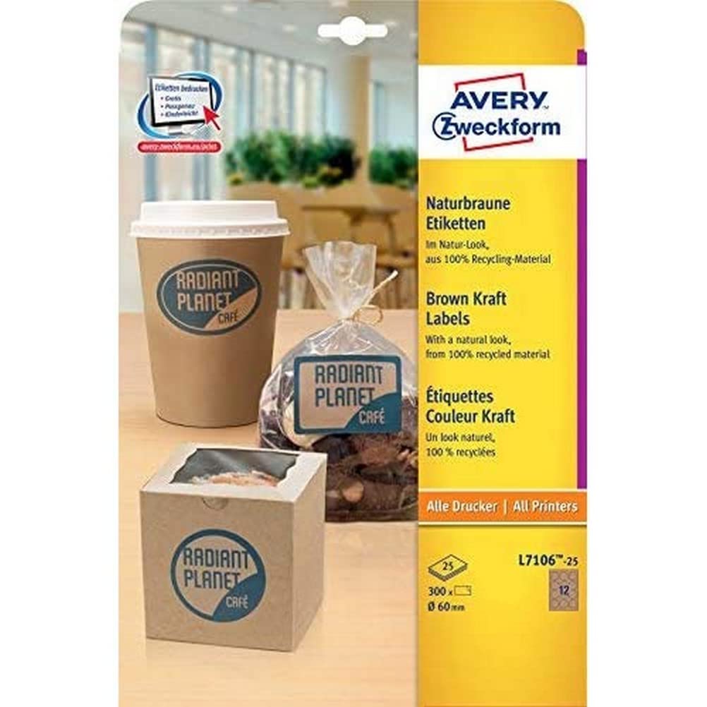 Avery Purpose Form L7106-25 Product-Labels, Around, Diameter 60 mm, 25 Sheet, 300 pcs, Natural Brown