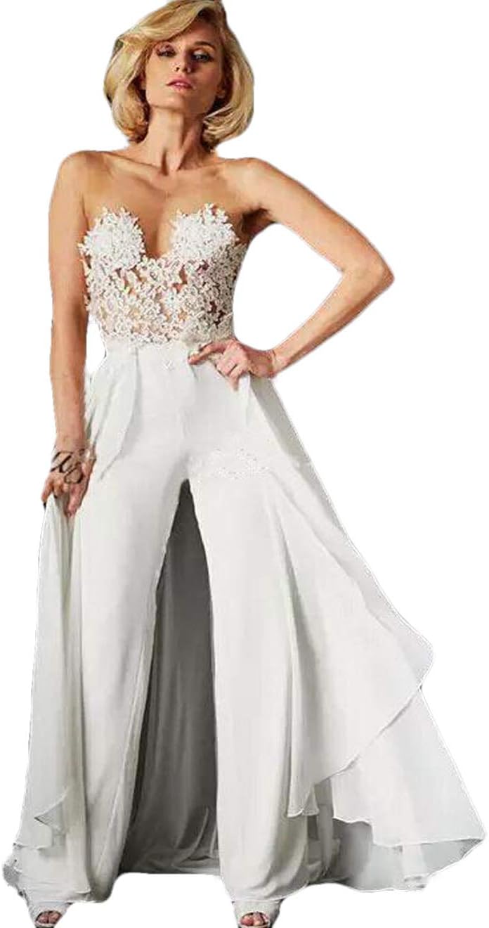 The Peachess Wedding Jumpsuit with Detachable Train Illusion Bodice Lace Chiffon Beach Bridal Gowns