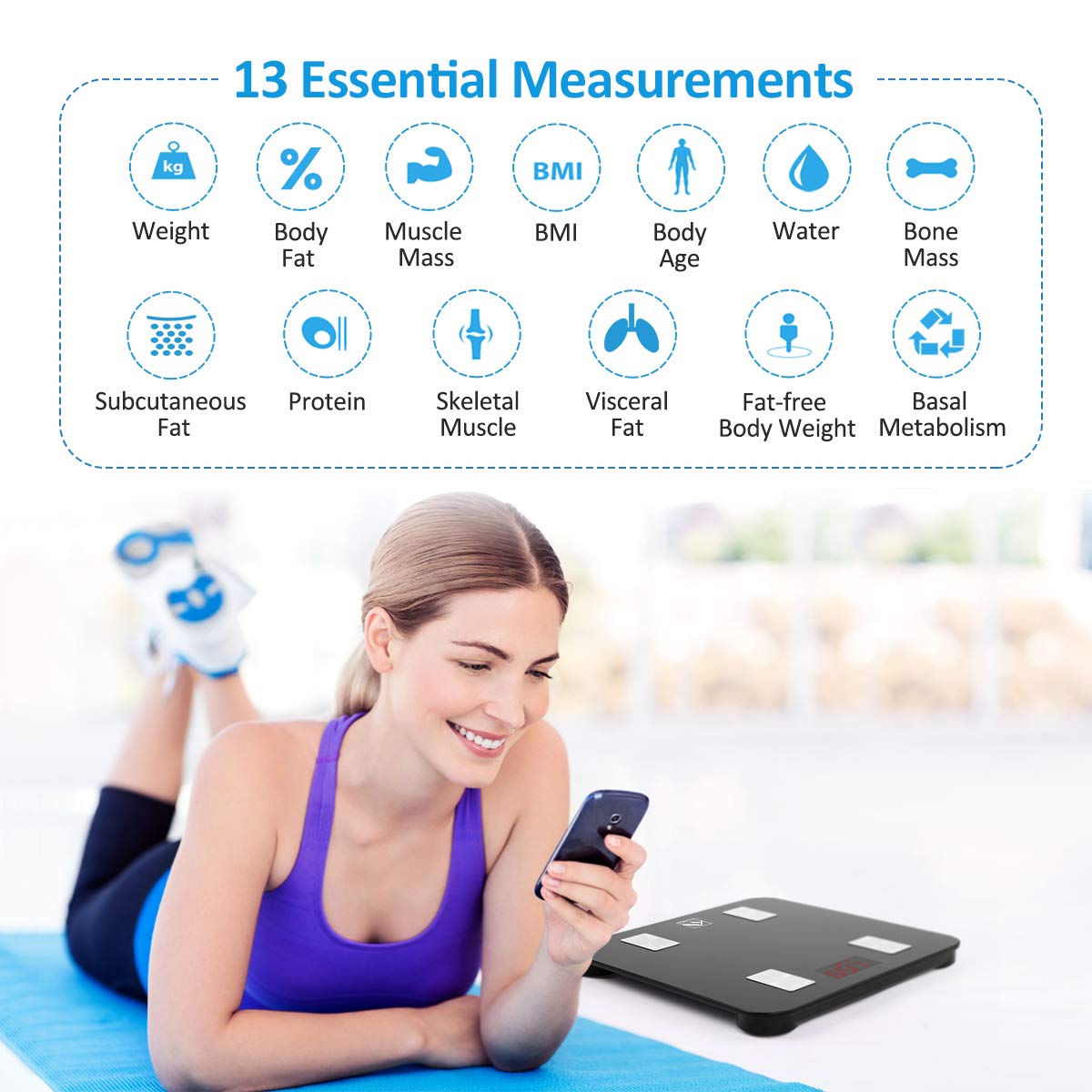FITINDEX Scale with BMI, Body Fat, Muscle Mass, Smart Scale for Body Weight, Bluetooth, Digital, Sync with App, User Health Equipment