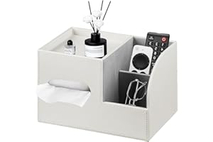 YAPISHI PU Leather Tissue Box Cover Square,Tissue Box Holder Organizer with Storage Tray and Remote Control Holder for Bathroom Countertop Night Stands Bedroom Office Desk,Napkin Caddy Decorative White
