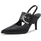 Coutgo Womens Slingback Pumps Closed Pointed Toe High Heels Belt Buckle Strap Dressy Work Shoes