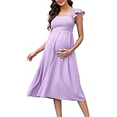 BeautyNee Womens Maternity Dress for Photoshoot Baby Shower Flutter Strap Sleeve Square Neck Smocked Maxi Boho Dress