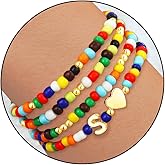 4PCS Initial Colorful Beaded Bracelets Initial Bracelets for Teen Girls Initial Colorful Beaded Bracelets Set Summer Boho Y2K Bohemian Stackable Letter A-Z Stretch Bracelets Birthday Jewelry Gifts(S)