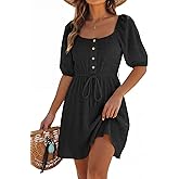 Dokotoo Women's Square Neck Puff Sleeve Dress Casual Summer A-Line Mini Dress with Belt