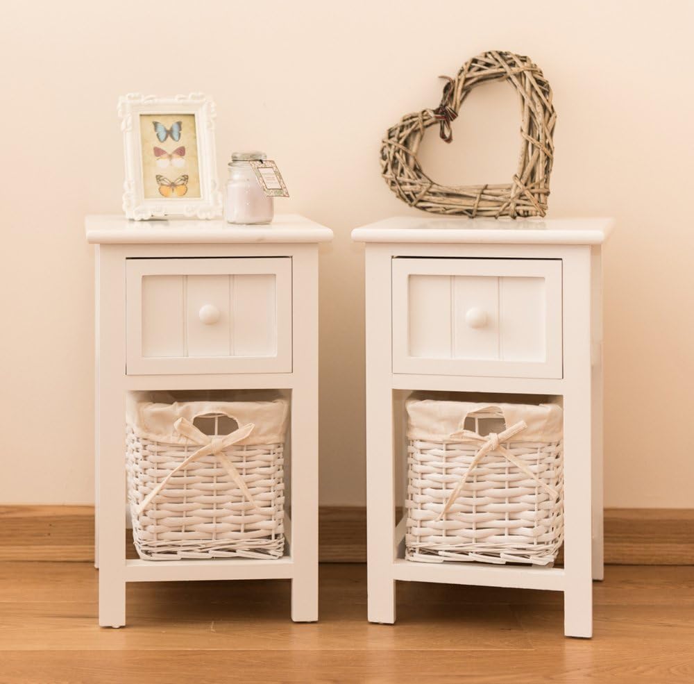 Pair of Shabby Chic White Bedside Units with Wicker Storage