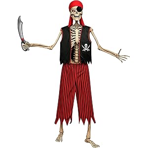 5 Pcs 12 ft Skeleton Costumes Set Giant Pirate Clothing Accessories | Headscarf Eye Patch Vest Trousers Inflatable Sword for