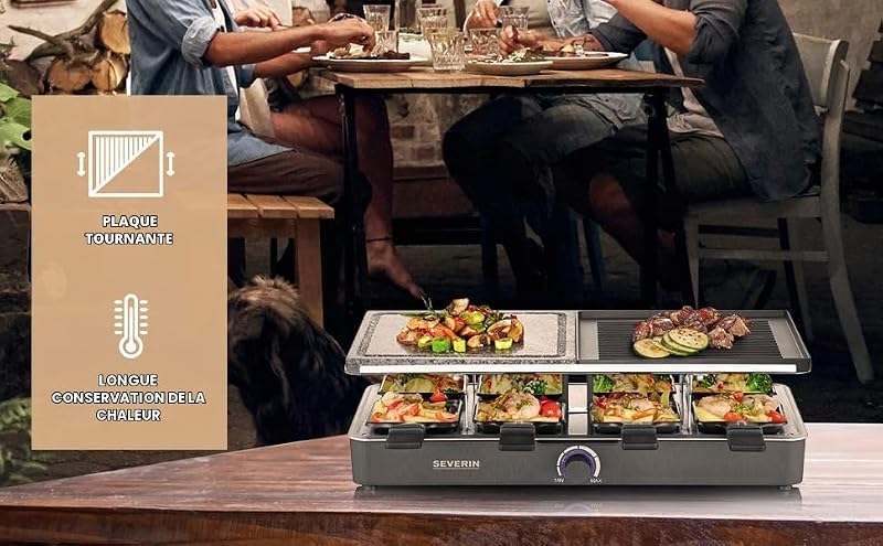 Raclette Gril 8 personnes, Pierre de Cuisson Naturelle, Plaque Réversible Anti-adhésive, Thermostat Réglable, Noir,RG 2371