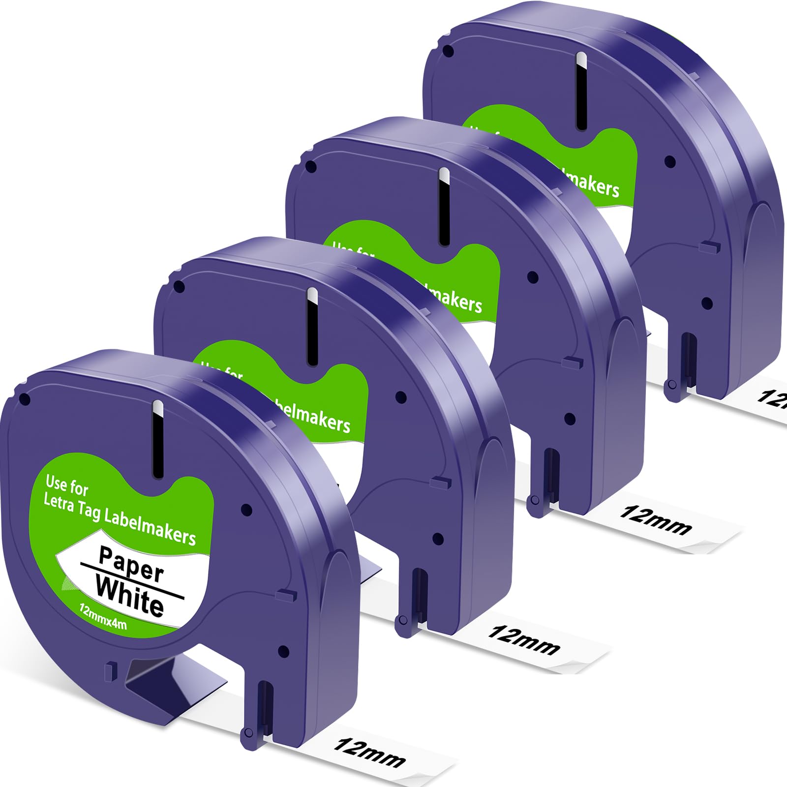 Compatible with Dymo Letratag Refills Paper White, 91200 12mm x 4m, Replacement for Dymo Label Printer Tape for LT-100H LT-100T XR 200B XM Label Makers,Black on White 4-Pack