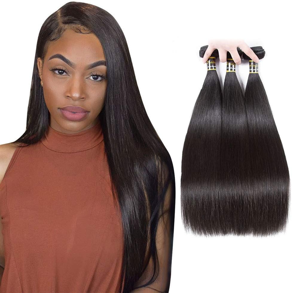 Puddinghair Straight Brazilian 3 Bundles Unprocessed 100% Virgin Hair Bundles Brazilian Human Hair Hundles Natural Black - 12"14"16"