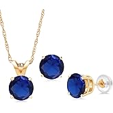 Gem Stone King 14K Yellow Gold Blue Created Sapphire Pendant Earrings Jewelry Set For Women | 1.50 Cttw | Gemstone September Birthstone | Round 5MM | with 18 Inch Chain