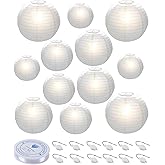 HAUSPROFI Paper Lanterns, 6" 8" 10" 12" Round Paper Lantern with LED Lantern Lights for Indoor and Outdoor Decoration - (Lanterns: 12pcs, Warm White Lights: 12pcs)