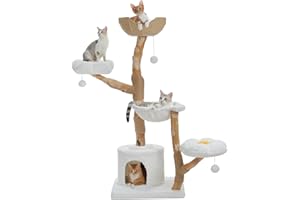 PAWZ Road Cat Tree for Indoor Cats Large Adults, 59 Inches Modern Cat Tower with Large Basket and Hammock, Natural Solid Wood, Luxury Condo & Dual Perches, Modern Cat Furniture for Big Cats, White