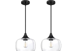 DORAIMY LIGHTING 2 Pack 1 Light Hanging Indoor Kitchen Island Pendant Ceiling Light 9" Drum Clear Glass Shade Fixture,Black Finish Modern Farmhouse Dinning Over Sink Adjustable Rod