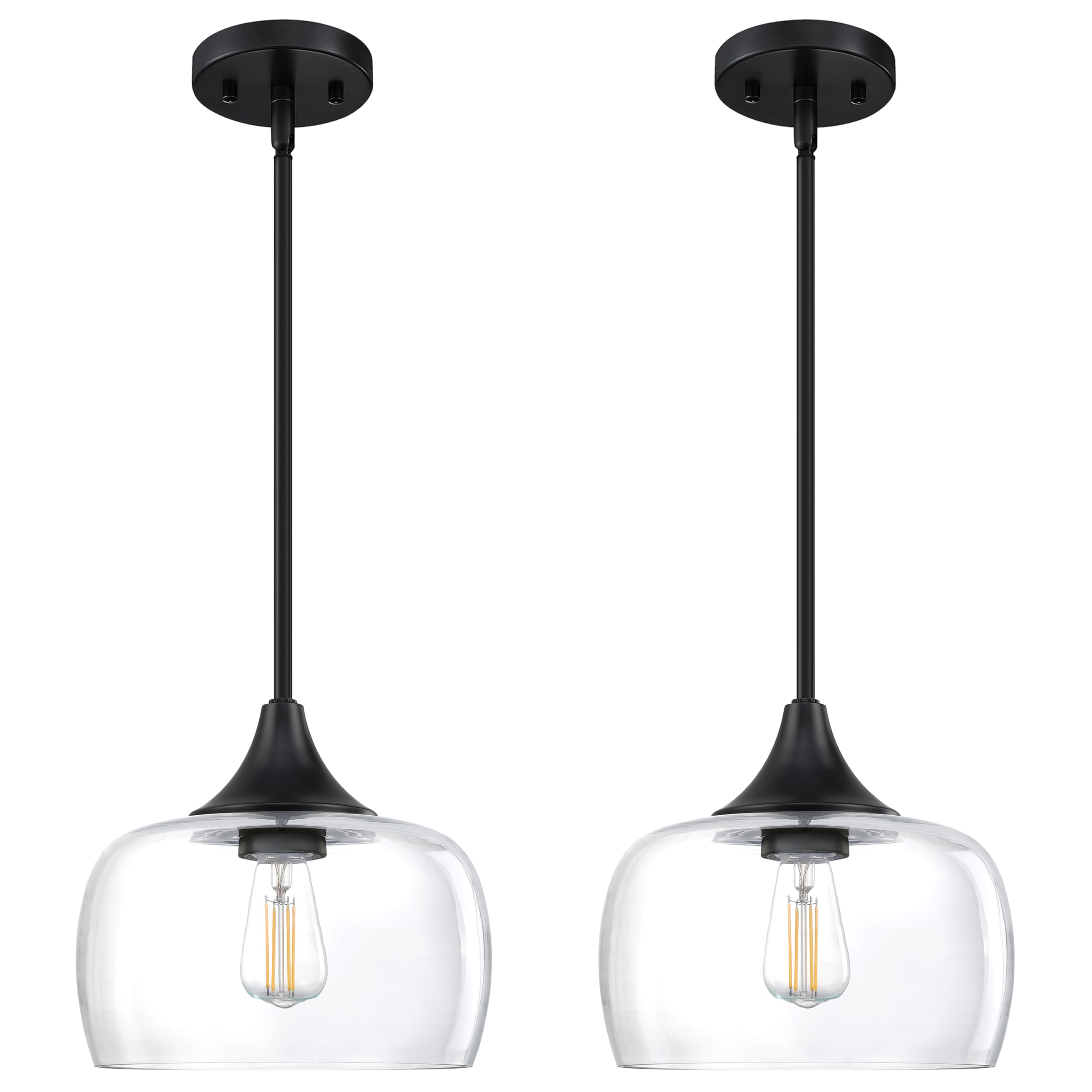 Photo 1 of 2 Pack 1 Light Hanging Indoor Kitchen Island Pendant Ceiling Light 9" Drum Clear Glass Shade Fixture,Black Finish Modern Farmhouse Dinning Over Sink Adjustable Rod