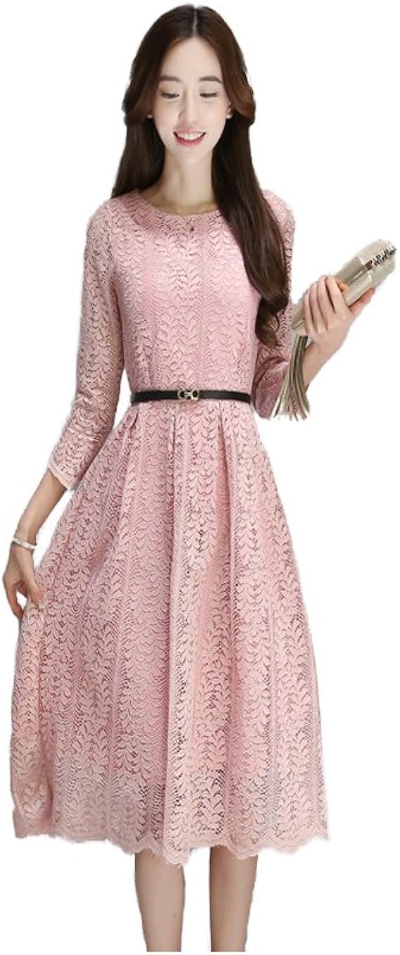 Amazon Co Jp レディース 春秋レースワンピース ドレス 着痩せ 韓国ファッション 無地 Aラインワンピース エレガント 通勤 結婚式 二次会 お呼ばれ パーティー 服 ファッション小物