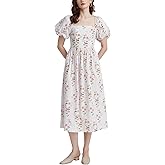YEXPINE Women's Floral Printed Maxi Dress Short Puff Sleeve Smocked Back Summer Vacation Boho Long Dresses