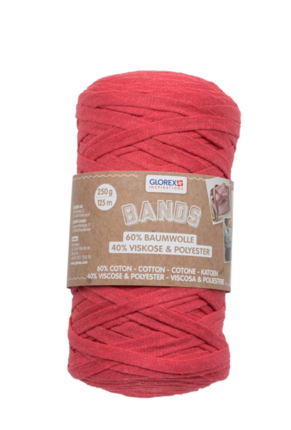 GLOREX 5 1005 01 Bands Macrame Super Soft Textile Yarn 60% Cotton / 40% Viscose for Crocheting, Knitting, Knotting and Textile Design, 250 g, Approx. 125 m, Red
