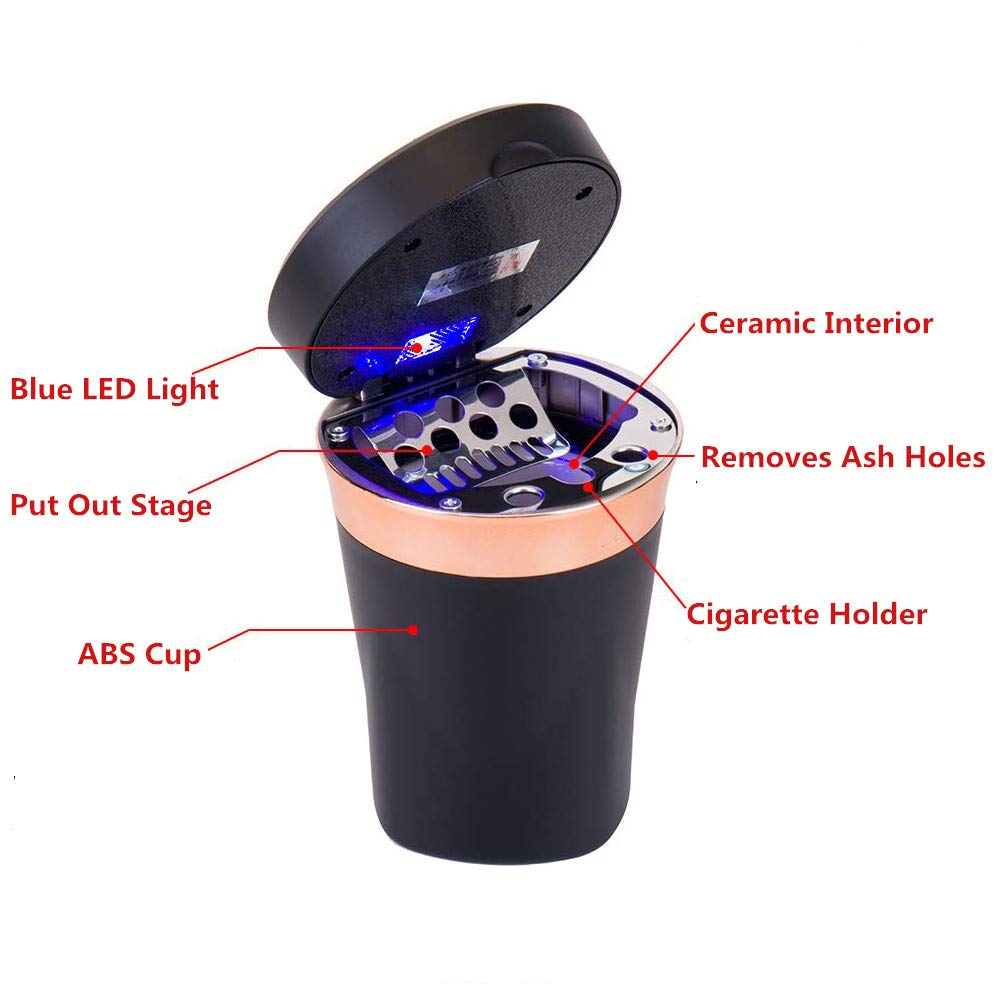 Solarxia Car Ashtray, Auto Ashtray Cigar Electronic Cigarette Lighter Detachable Solar Powered/USB Rechargeable with Lid Blue LED Light Stainless Ceramic for Most Car Cup Holder Home Office (Black)