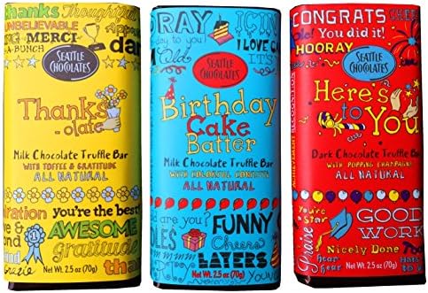 Seattle Chocolate Candy Bars Gift Set- Birthday Cake Batter, the Thanks-olate and the Here's to You Bars - Pack of 3