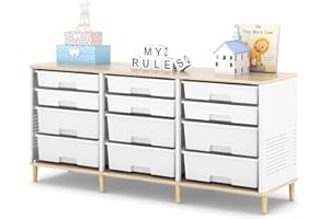 TOOLF 12 Drawers Storage Cabinet with Wooden Top and Plastic Bins, Toy Shelf Storage Chest Cubby Organizer for Home, Office, Playroom, Classroom & Craft Room Storage (White)