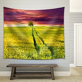 Digital Artwork in Watercolor Painting Style. Colorful Summer Sunrise with a Field of Yellow Flowers. - Fabric Wall Tapestry Home Decor - 51x60 inches