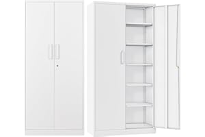 BYNSOE Metal Storage Cabinet Metal Garage Locker Cabinets with Locking Door and 5 Adjustable Shelves, Steel Classic Storage Cabinet for Home, School, Office, Garage (White-Style 2)