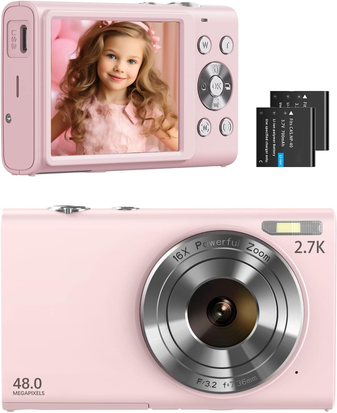 Digital Camera Compact 2.7K Autofocus 48MP Portable Camera with 2.8" Screen, 16X Digital Zoom for Kids, Beginner