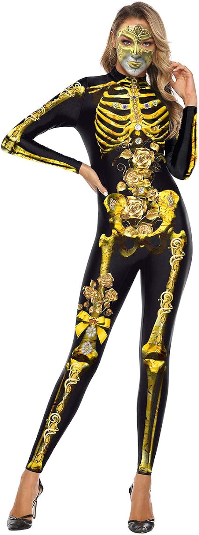 Aniwon Women Jumpsuit 4D Skeleton Flower Zip up Costume Jumpsuit