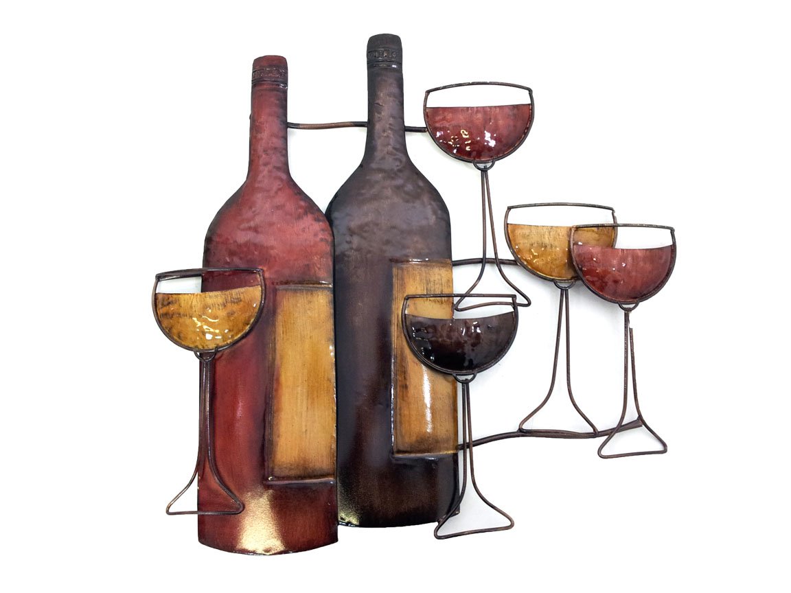 SK Style New - Contemporary Metal Wall Art Decor - Brown Wine Bottle Glasses Scene