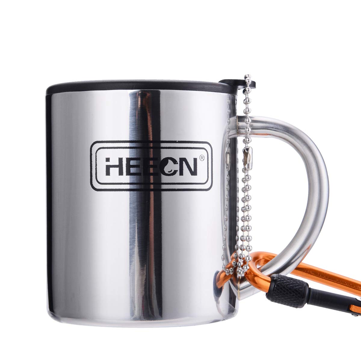 HEECN Camping Mugs - Double Walled Stainless Steel Mug for Hot Drinks with Lid and Carabiner - Backpacking - Trekking - Hiking - HESS038BBK220