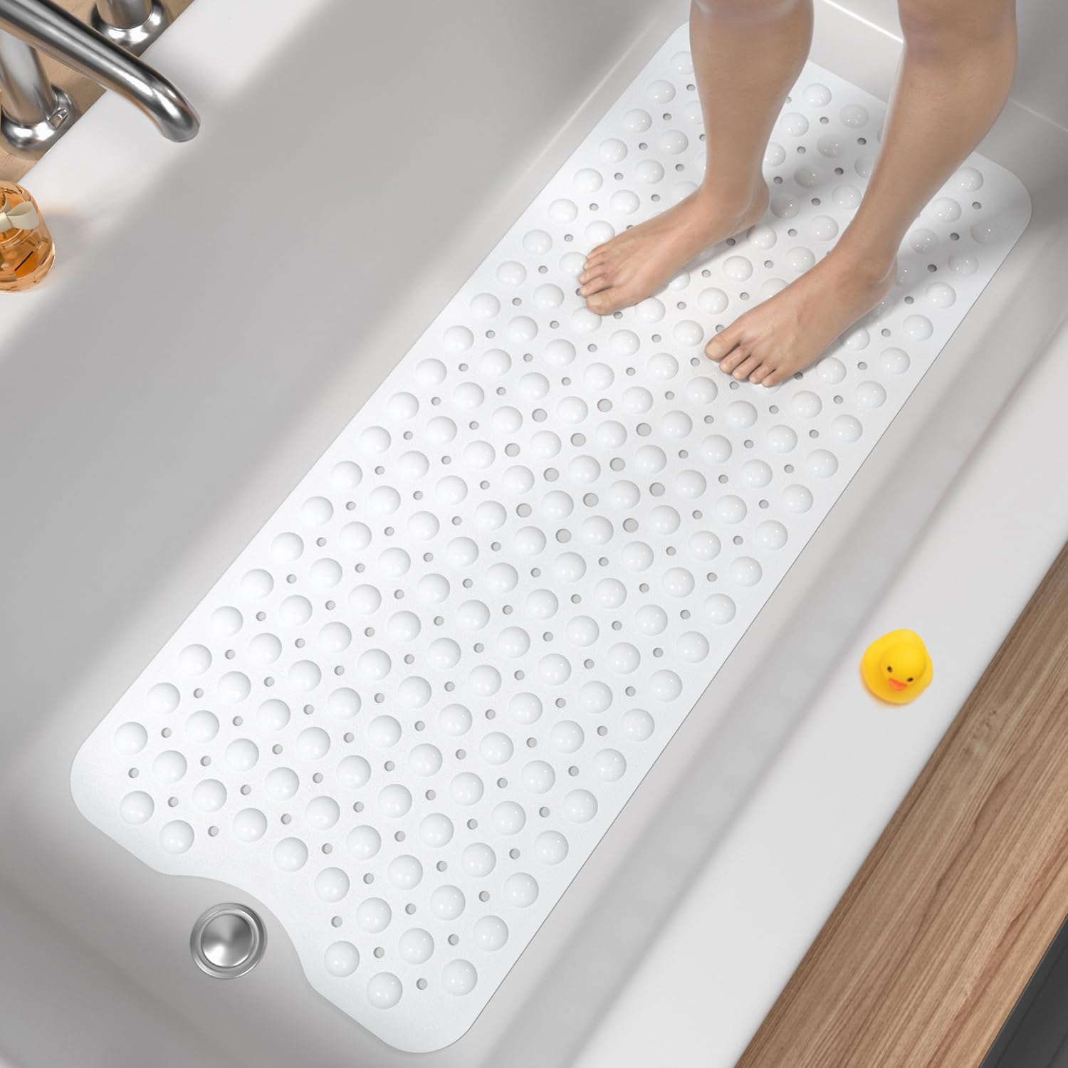 HITSLAM Non Slip Bath Mat for Tub, 101 x 40cm Extra Long Shower Mat Anti Mould, Machine Washable Bathroom Bathtub Mat with Suction Cups and Drain Holes, Soft on Feet, White — image 1