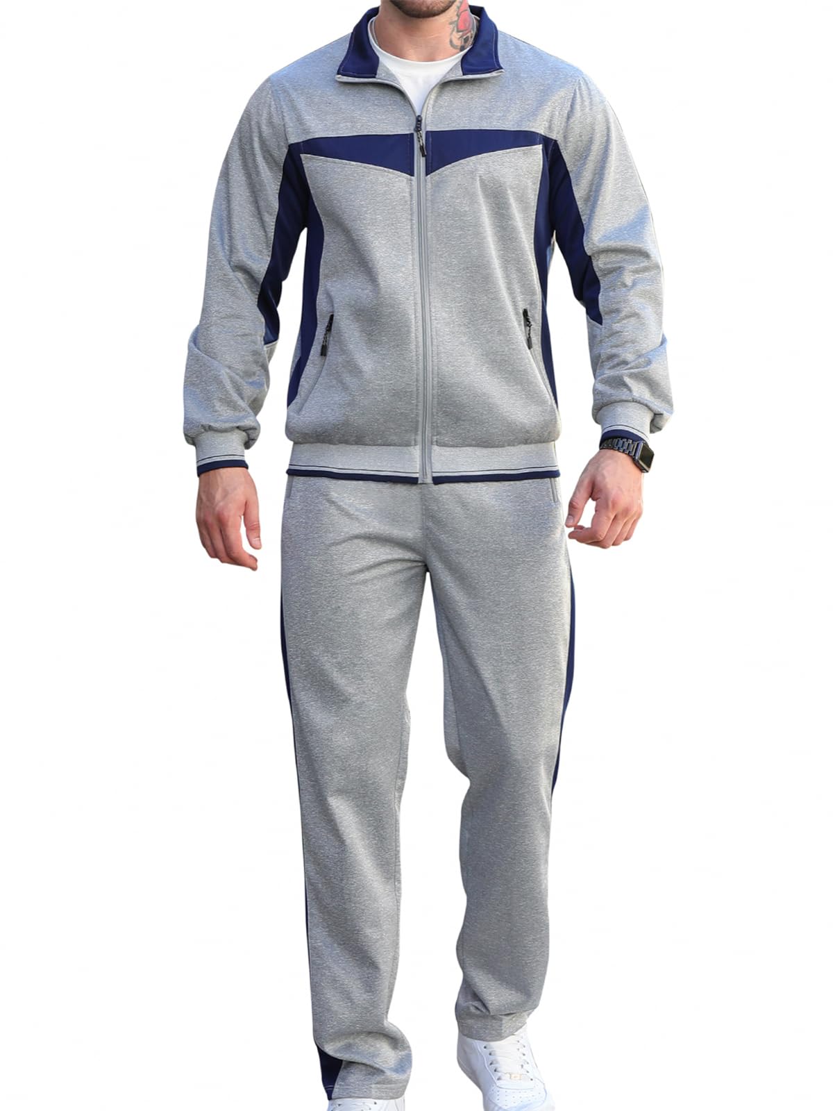 Photo 1 of Litteking Men's Track Suits 2 Piece Outfit Casual Long Sleeve Tracksuits Sweat Suit Set Full Zipper Sports Jogging Suits Gray-blue XL