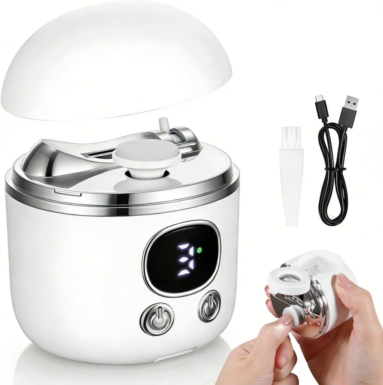 Electric Nail Clipper with Polishing and Magnifying Glass, 3-Speed Electric Nail Trimmer with Display, LED Light and Nail Scraps Storage, Automatic Nail Trimmer for Adults, Seniors and Kids - White