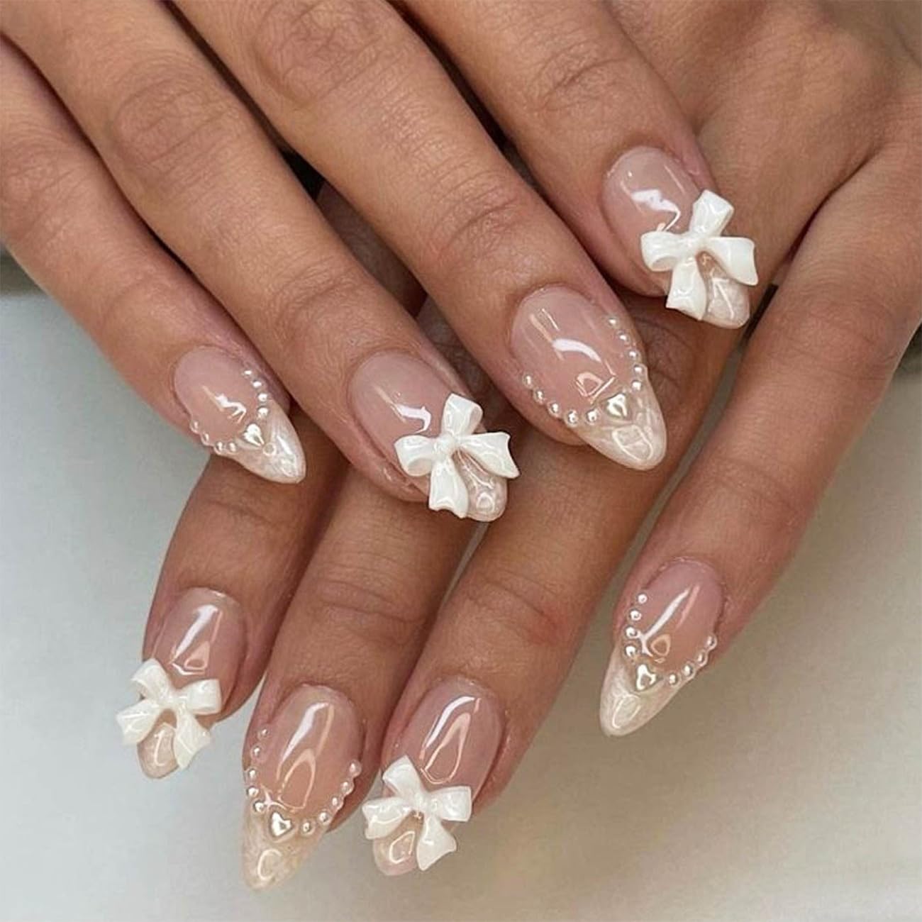 White French Tip Almond Shape Pearl Bow Fake Nails Design Tips - 24pcs Cute Bow Stick On Nails for Women & Girls - Daily Wear