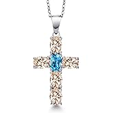 Gem Stone King 925 Sterling Silver Peach Morganite and Swiss Blue Topaz Cross Pendant Necklace for Women | 3.05 Cttw | Gemstone October Birthstone | Oval 6X4MM | With 18 Inch Chain