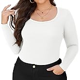 FOREYOND Plus Size Long Sleeve Shirts for Women Striped Scoop Neck Tops Slim Fitted Basic T Shirt Stretchy Casual Tee