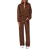 Lazysmile 2 Piece Sets For Women Lapel Half Zip Sweatshirt and Wide Leg Long Pants Sweatsuit Lounge Sets Workout Sets