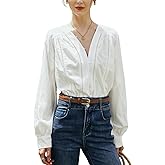 EVAZOU Women's White Bohemian Blouse, V-Neck Long Sleeve Eyelet Buttons Casual Dressy Work Shirt Top