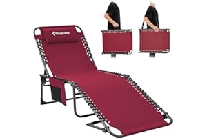 KingCamp Lounge Chair Outdoor, Folding Portable Tanning Chairs Comfy Adjustable 5-Position Lay Flat Foldable Chaise Chaser Lounger with Pillow for Outside Beach Patio Sun Bathing Pool Backyard, Wine
